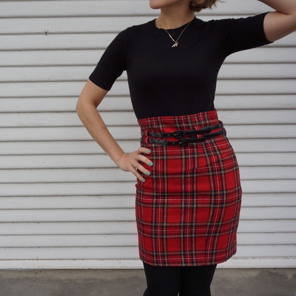 BETSEY JOHNSON Red Plaid Belted Pencil Skirt - Picture 2 of 8